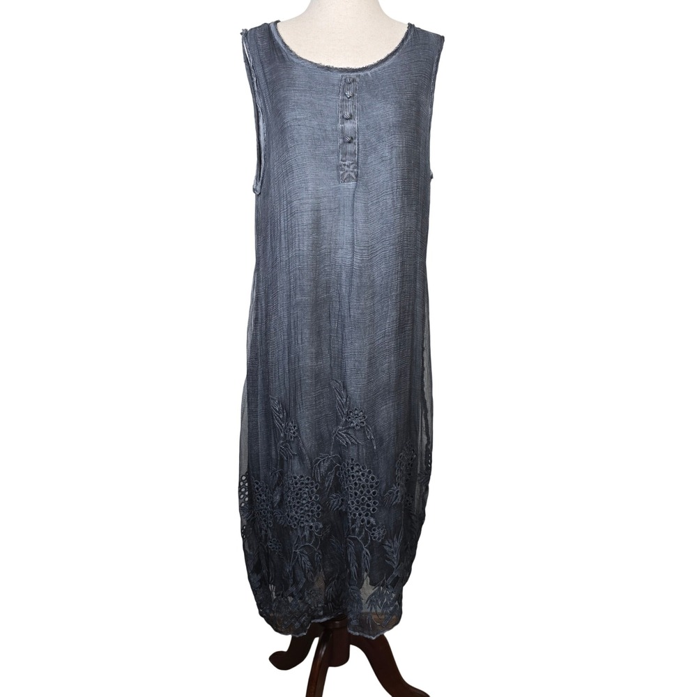Soft Surroundings Silk Embroidered Hem Midi Dress Gray Sleeveless Henley Large
